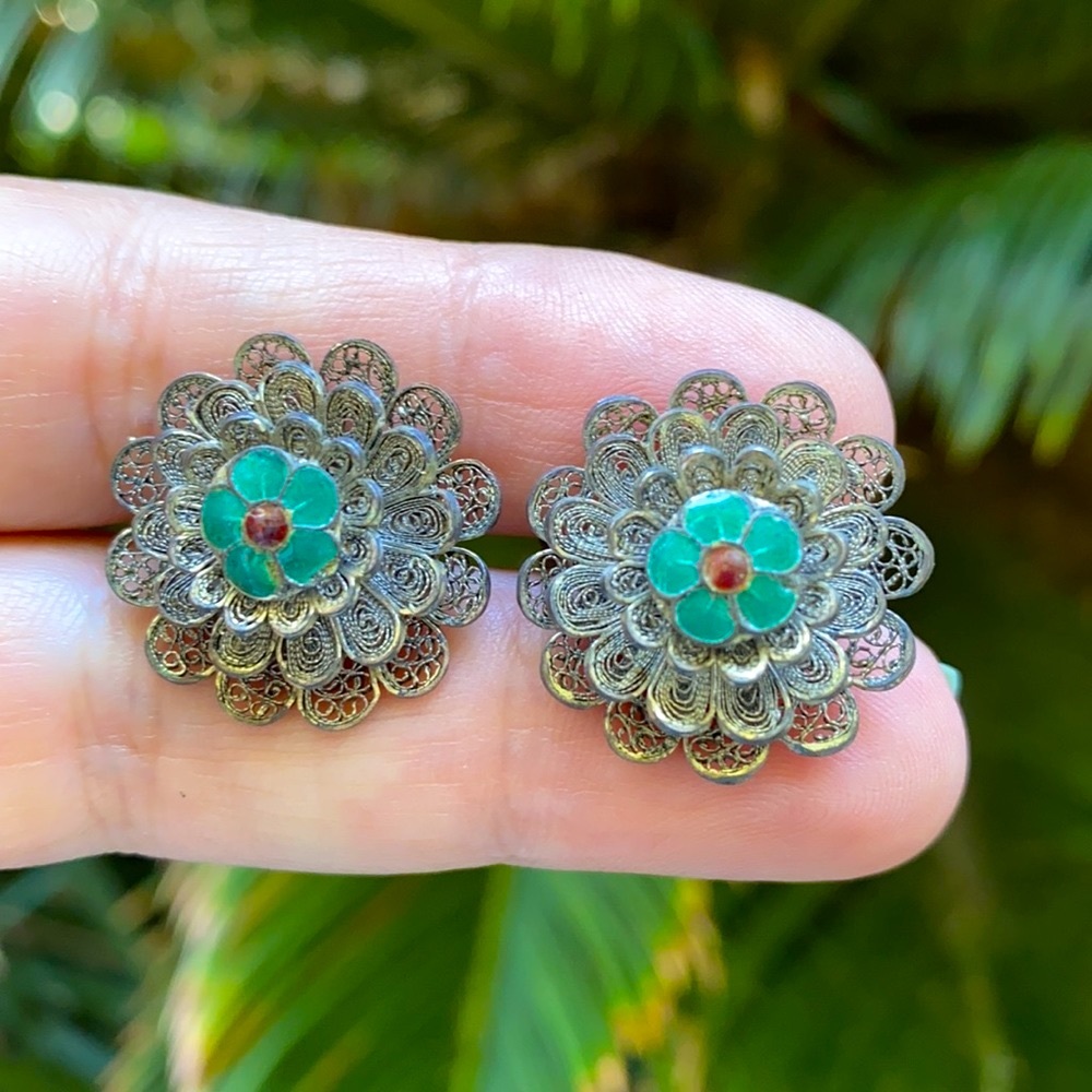 Vintage Silver Filigree and Enamel Earrings